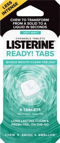 Listerine Ready! Tabs Chewable Tablets with Soft Mint Flavor, Revolutionary 4-Hour Fresh Breath Tablets to Help Fight Bad Breath On-the-Go, Sugar-Free, Alcohol-Free & Gluten-Free, 8 ct