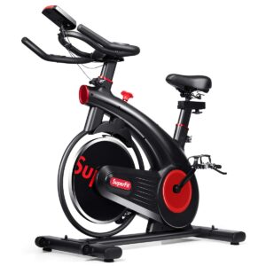 gymax indoor exercise cycling bike, stationary bike with 20lbs steel flywheel & heart rate monitor, silent operation for home, gym, office (black+red)