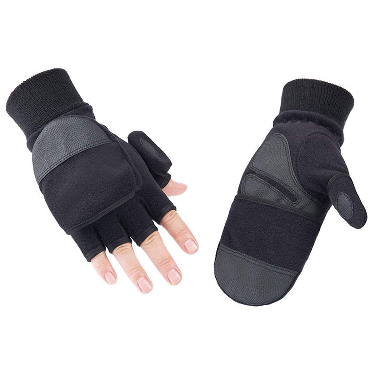 MINIDUO Outdoor Gloves Convertible Mittens Flip Fleece Fingerless Gloves [Windproof] for Men&Women Fishing, Cycling, Running in Cold Weather-L