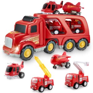 fire truck car toys set, friction powered car carrier trailer with sound and light, play vehicle set for kids toddlers boys child gift age 3 4 5 6 7 years old, 2 rescue car, helicopter, plane