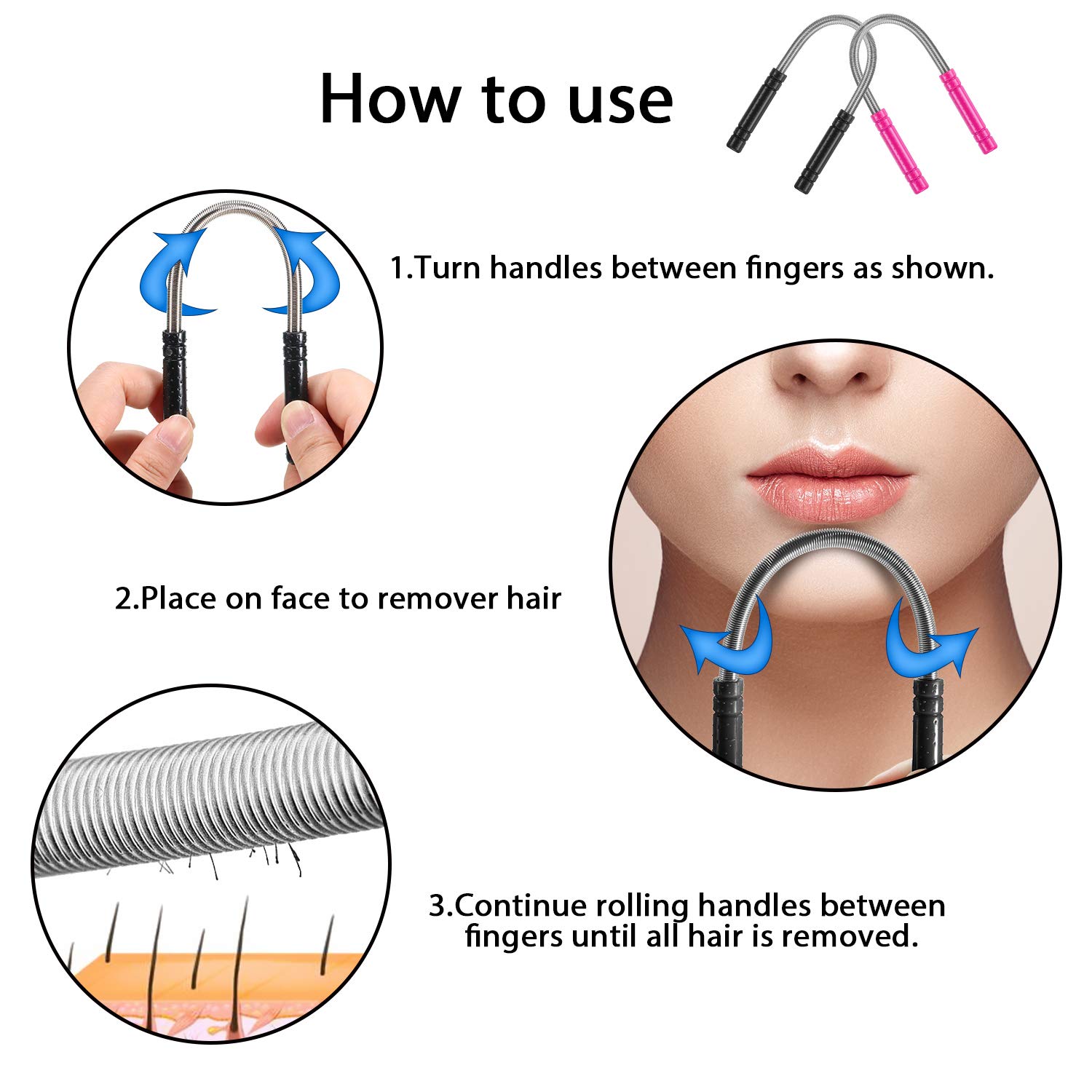 12 Pieces Facial Hair Removal Spring Eyebrow Face Epilator Threading Tool for Women Chin Cheek Mustache Upper Lip (Rose Red, Black)