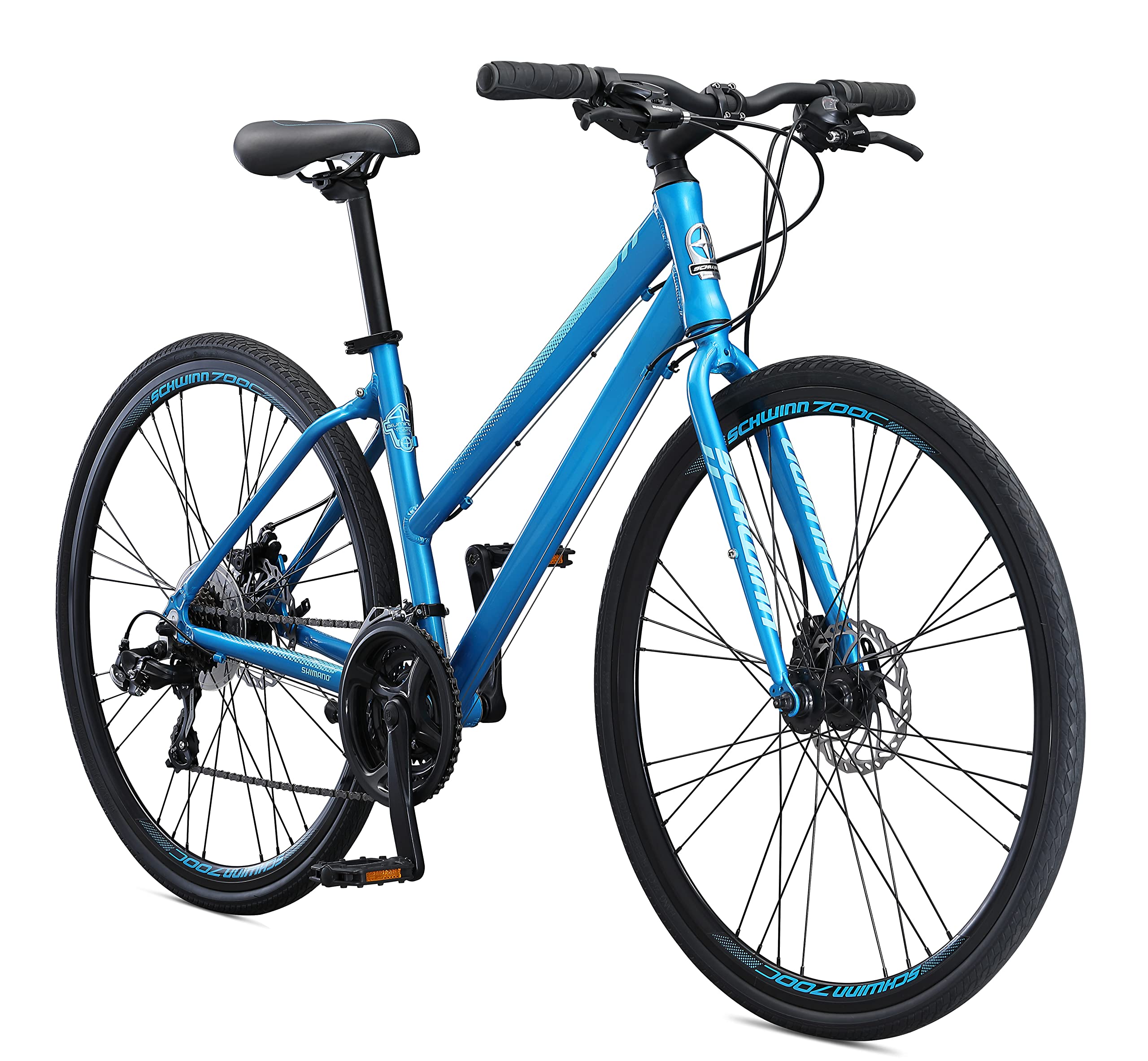 Schwinn Volare 1200 Flat Bar Hybrid Sports Road Bike, Men and Women, 21-Speed, 700c Wheels, 17-Inch Aluminum Frame, Disc Brakes, Blue