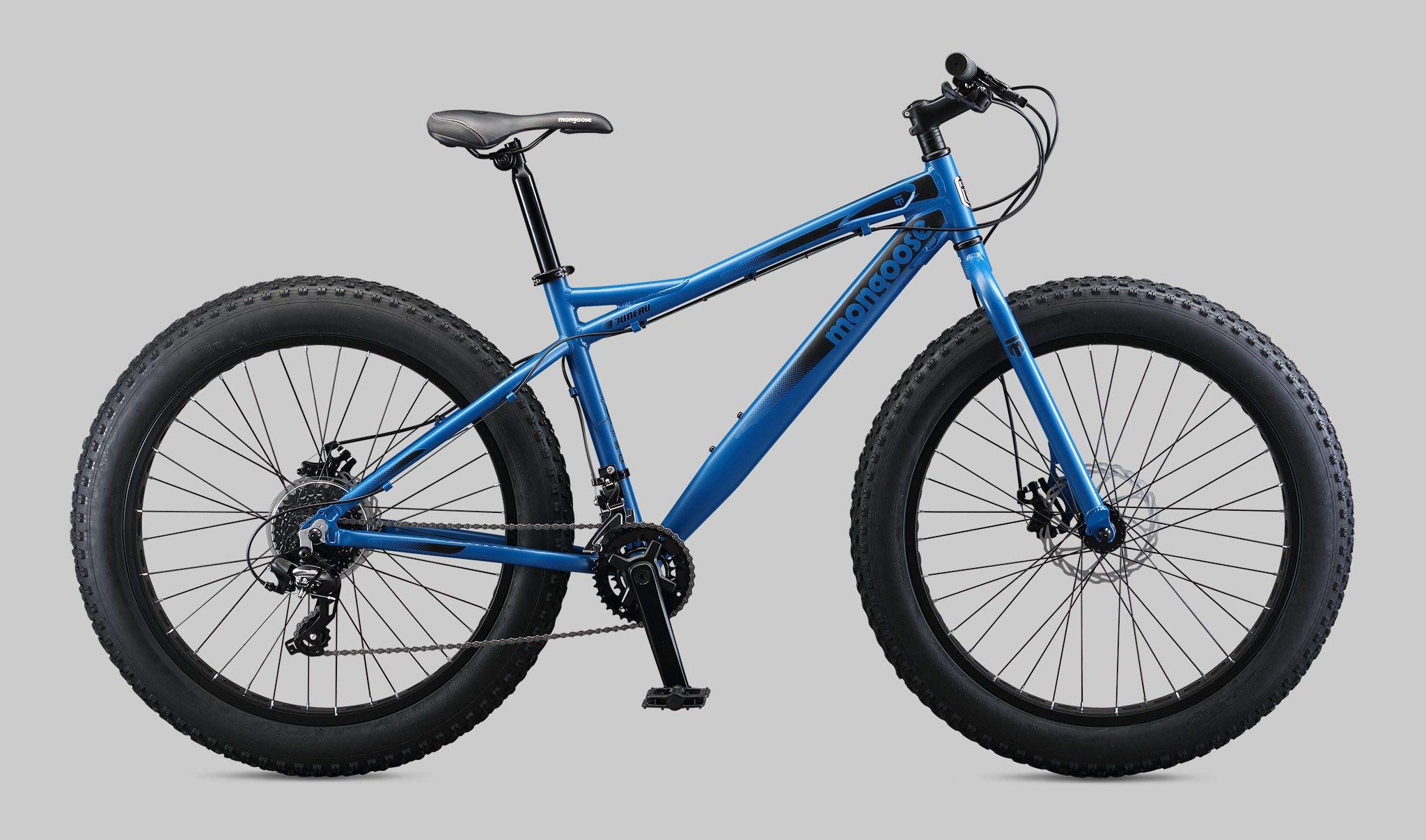 Mongoose Juneau Men and Womens Fat Tire Mountain Bike, 26x4-Inch Big Fat Wheels, 16-Speed Trigger Shifters, Adult Aluminum Mountain Frame, Blue