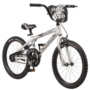 pacific vortax bmx style kids bike, for boys and girls ages 6+ year old, single speed, 20-inch wheels, adjustable seat, durable frame, coaster and hand brake, silver