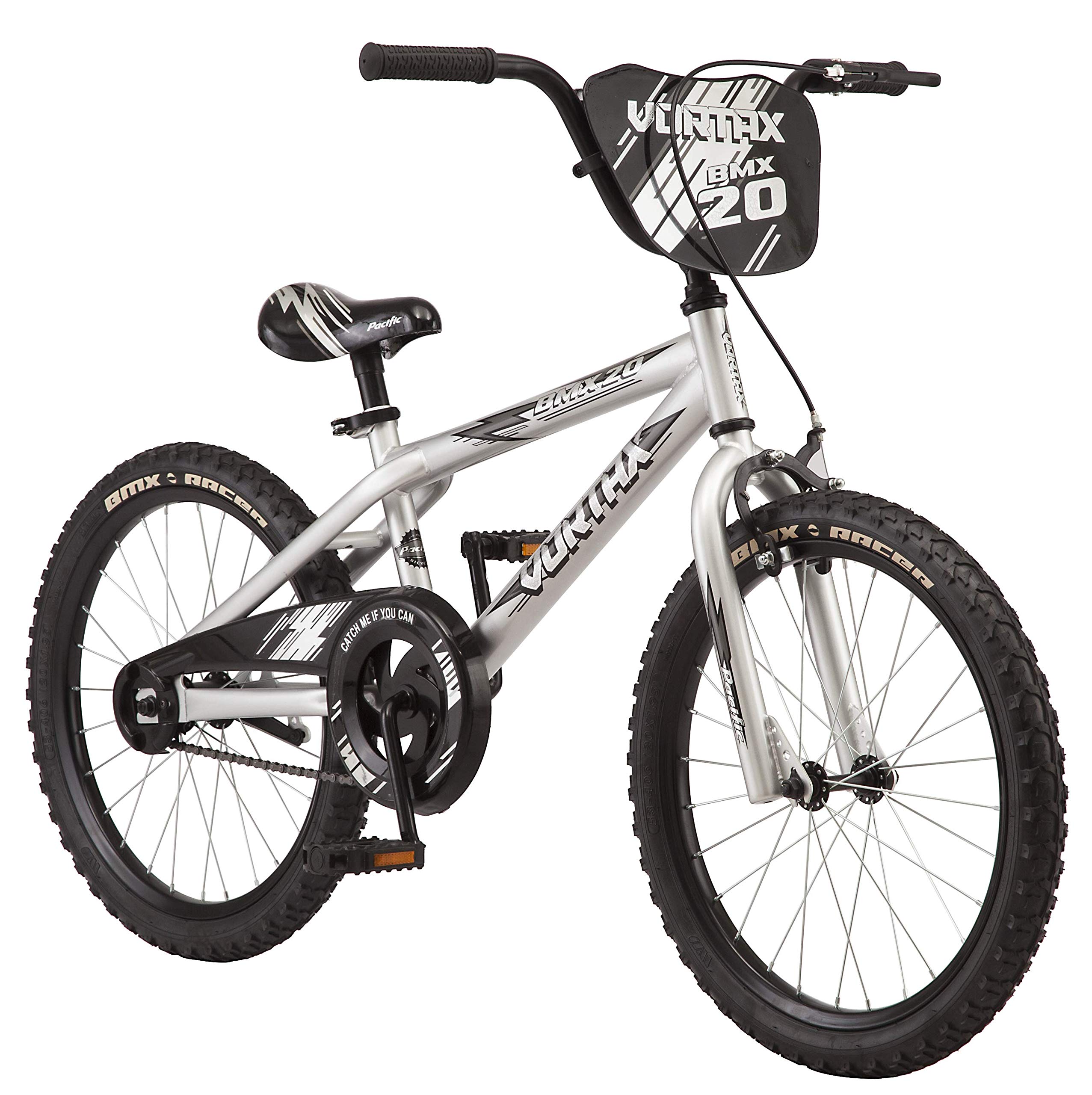 Pacific Vortax BMX Style Kids Bike, for Boys and Girls Ages 6+ Year Old, Single Speed, 20-Inch Wheels, Adjustable Seat, Durable Frame, Coaster and Hand Brake, Silver