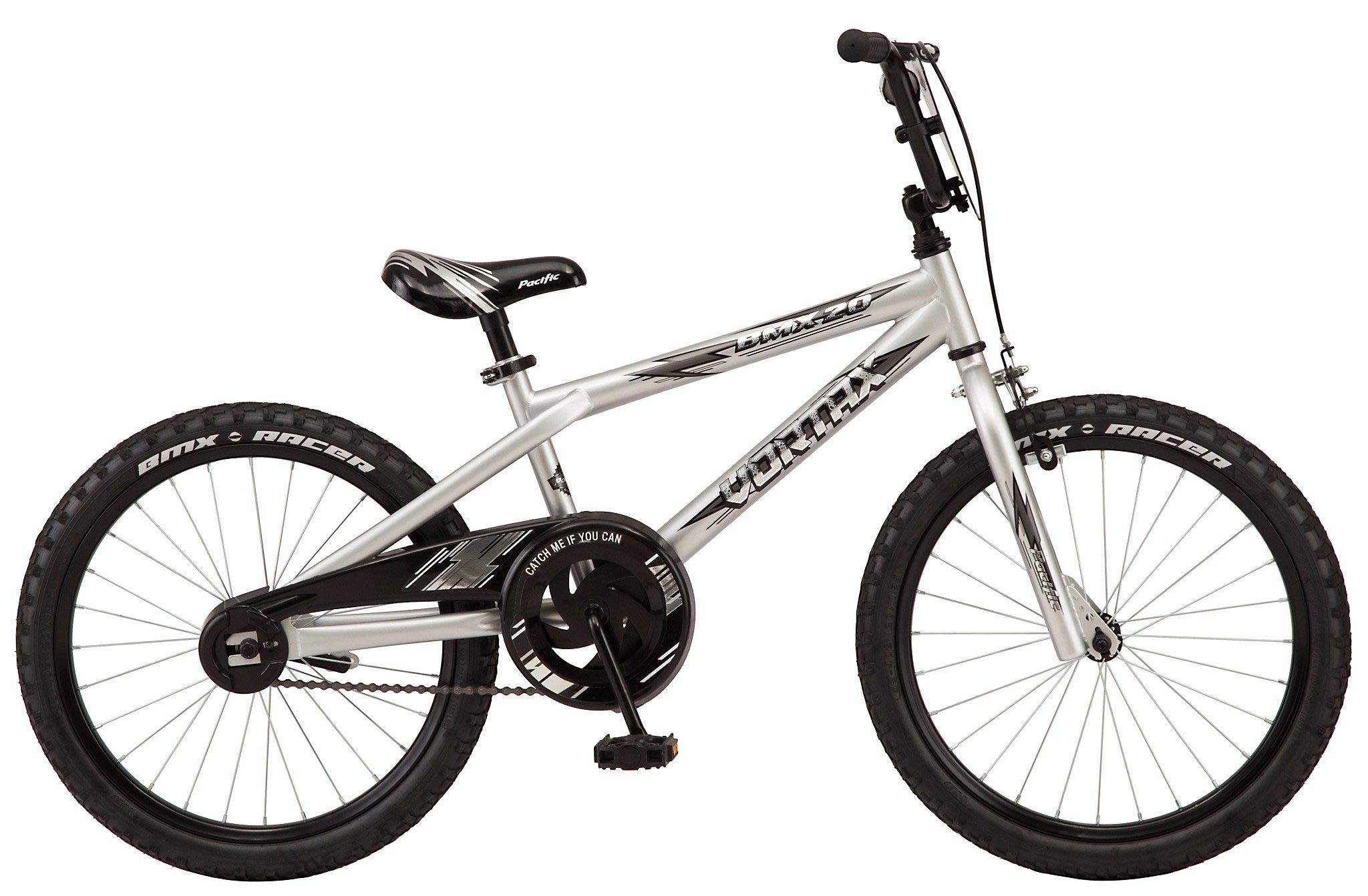 Pacific Vortax BMX Style Kids Bike, for Boys and Girls Ages 6+ Year Old, Single Speed, 20-Inch Wheels, Adjustable Seat, Durable Frame, Coaster and Hand Brake, Silver