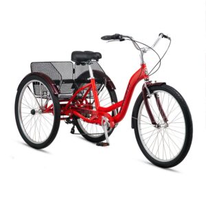 schwinn meridian adult tricycle bike, mens and womens three wheel beach cruiser, 26-inch wheels, low step-through frame, wide seat, rear folding basket, 7-speed, red