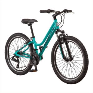 schwinn high timber al mountain bike for youth boys girls, 24-inch wheels, 21-speeds, front suspension, aluminum frame and alloy linear pull brakes, teal