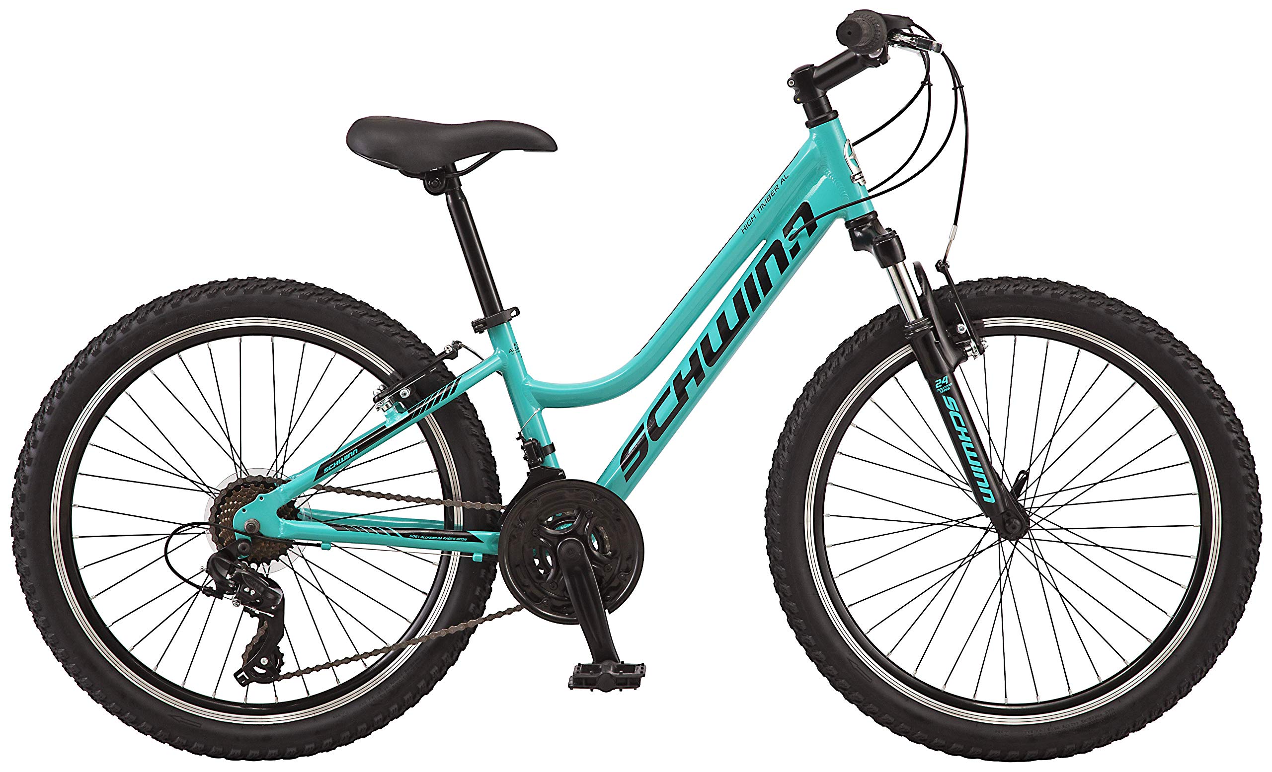 Schwinn High Timber AL Mountain Bike for Youth Boys Girls, 24-Inch Wheels, 21-Speeds, Front Suspension, Aluminum Frame and Alloy Linear Pull Brakes, Teal