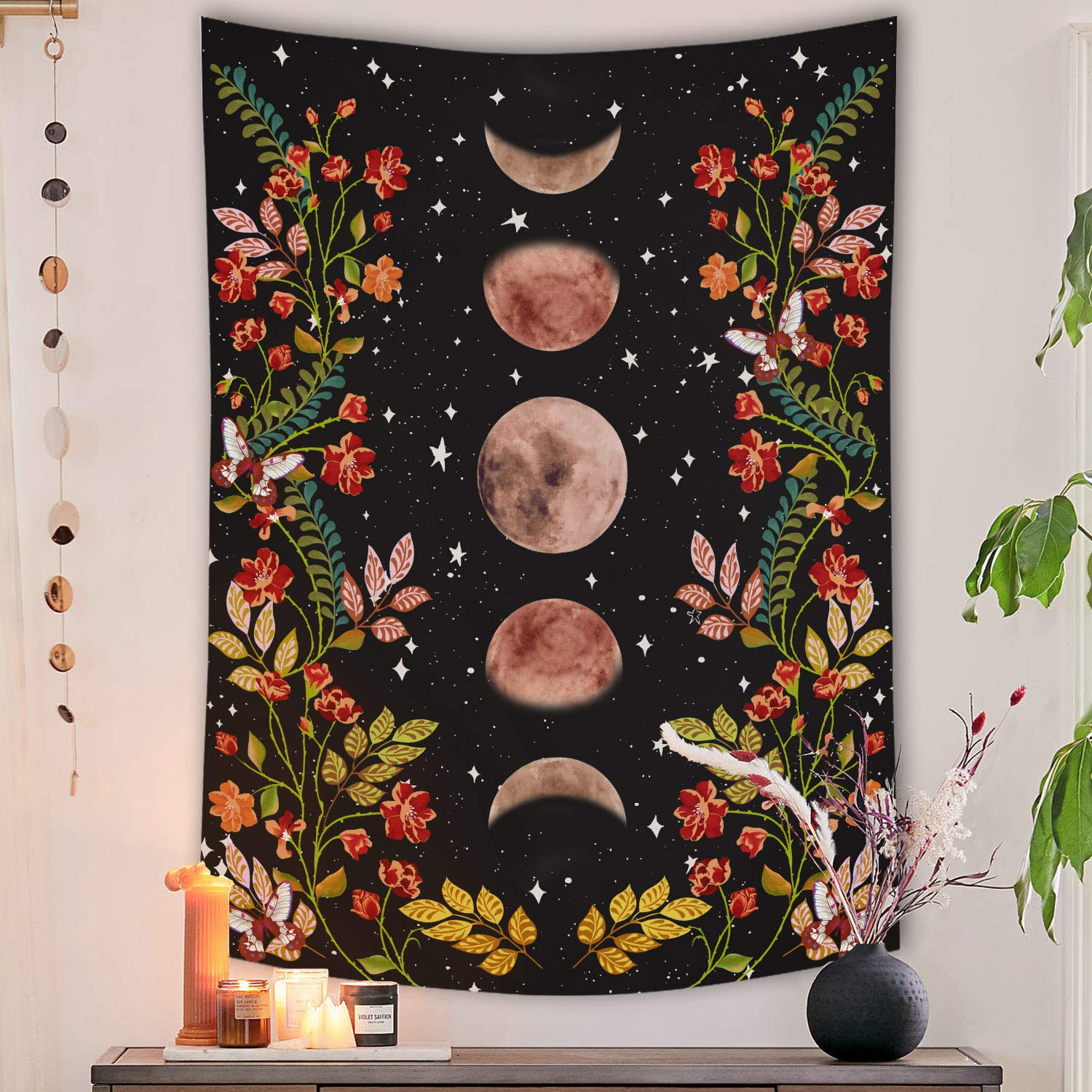 Lifeel Moonlit Garden Tapestry, Moon Phase Surrounded by Vines and Flowers Black Wall Decor Tapestry 36×48 inches