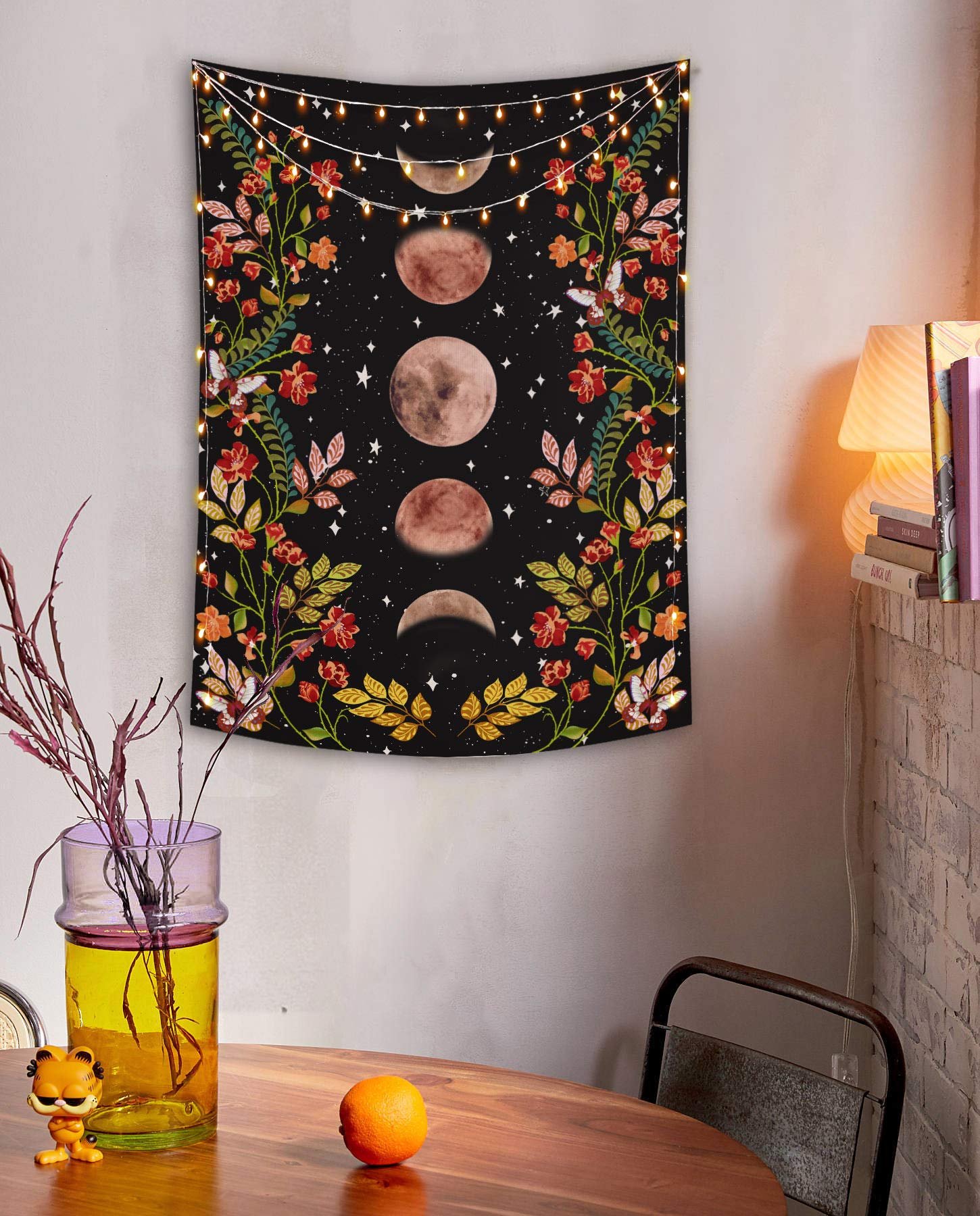 Lifeel Moonlit Garden Tapestry, Moon Phase Surrounded by Vines and Flowers Black Wall Decor Tapestry 36×48 inches