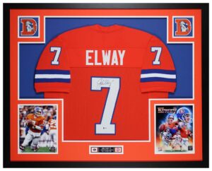 john elway autographed orange denver jersey - beautifully matted and framed - hand signed by john elway and certified authentic by beckett - includes certificate of authenticity