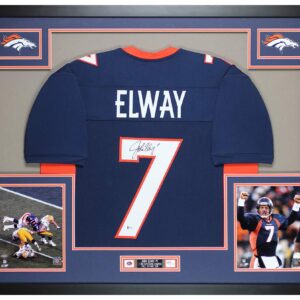 John Elway Autographed Blue Denver Jersey - Beautifully Matted and Framed - Hand Signed By John Elway and Certified Authentic by Beckett - Includes Certificate of Authenticity