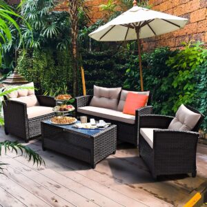 tangkula 4-piece patio furniture set, rattan wicker chair set with 1 loveseat, 2 single sofas, 1 coffee table with tempered glass top, outdoor furniture sets for backyard, porch, garden and poolside