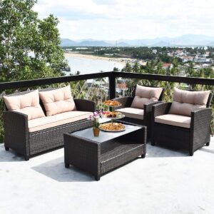 Tangkula 4-Piece Patio Furniture Set, Rattan Wicker Chair Set with 1 Loveseat, 2 Single Sofas, 1 Coffee Table with Tempered Glass Top, Outdoor Furniture Sets for Backyard, Porch, Garden and Poolside