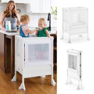 guidecraft contemporary double kitchen helper® stool - white: extra-wide foldable safety tower for two toddlers; adjustable height, wooden counter step stool | little kids learning furniture