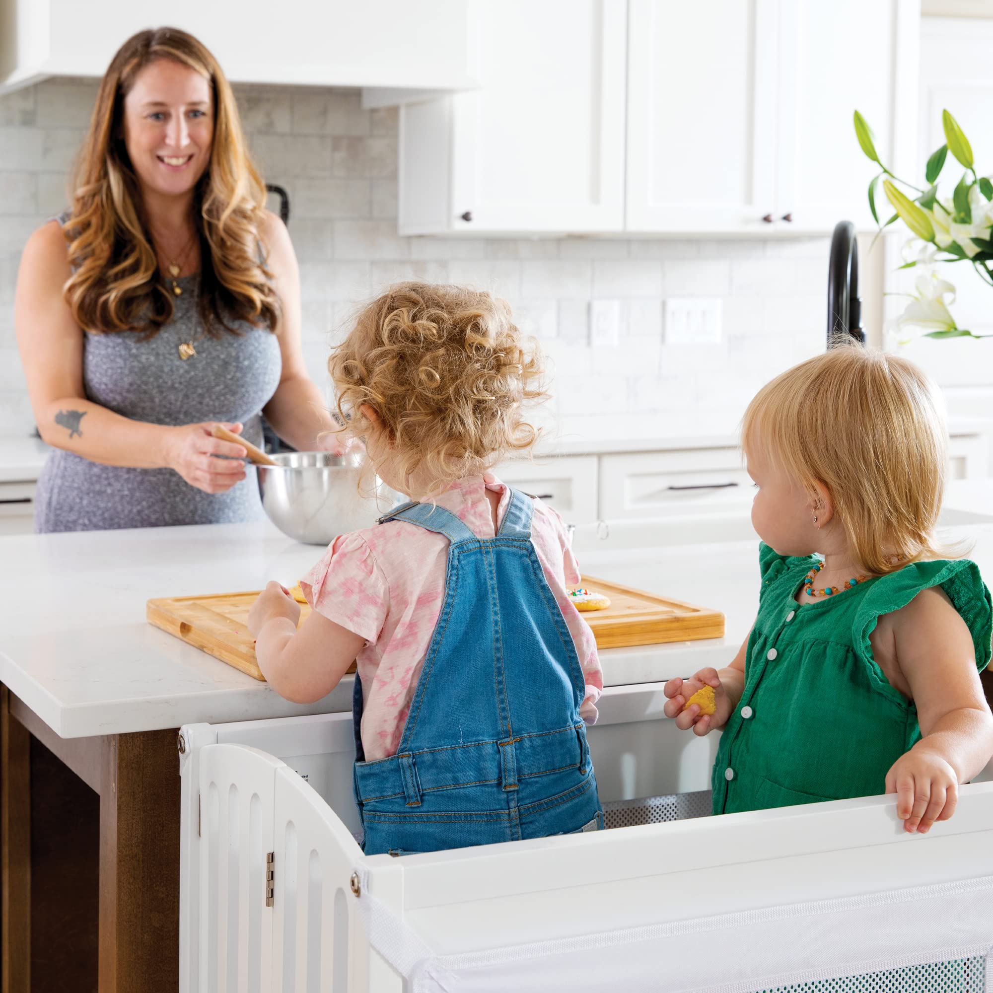 Guidecraft Contemporary Double Kitchen Helper® Stool - White: Extra-Wide Foldable Safety Tower for Two Toddlers; Adjustable Height, Wooden Counter Step Stool | Little Kids Learning Furniture