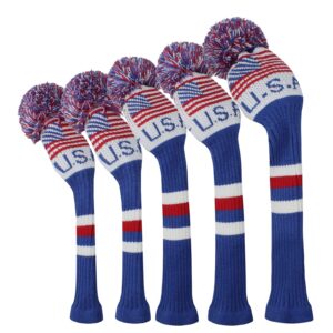 scott edward knit golf club cover with a pom set of 5 head covers protect driver wood(460cc) 1 fairway wood2 and hybrid/ut2 with rotating club number tags (usa flag)