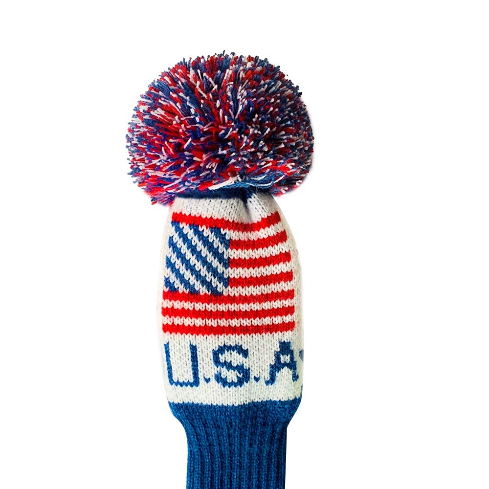 Scott Edward Knit Golf Club Cover with a Pom Set of 5 Head Covers Protect Driver Wood(460cc) 1 Fairway Wood2 and Hybrid/UT2 with Rotating Club Number Tags (USA Flag)