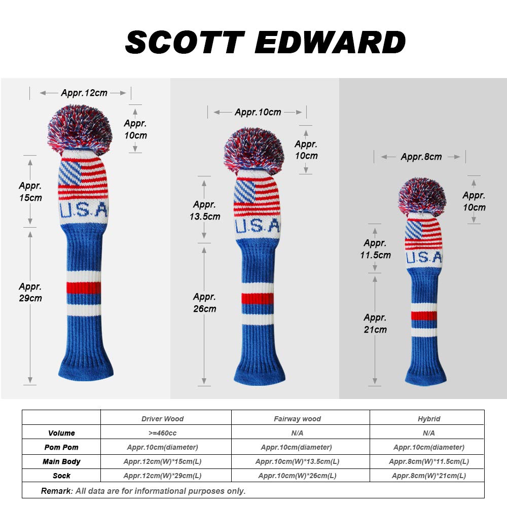 Scott Edward Knit Golf Club Cover with a Pom Set of 5 Head Covers Protect Driver Wood(460cc) 1 Fairway Wood2 and Hybrid/UT2 with Rotating Club Number Tags (USA Flag)