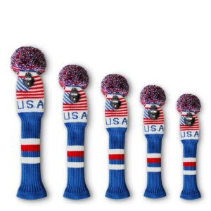 Scott Edward Knit Golf Club Cover with a Pom Set of 5 Head Covers Protect Driver Wood(460cc) 1 Fairway Wood2 and Hybrid/UT2 with Rotating Club Number Tags (USA Flag)