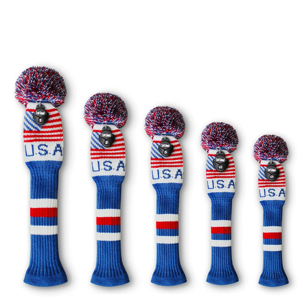 Scott Edward Knit Golf Club Cover with a Pom Set of 5 Head Covers Protect Driver Wood(460cc) 1 Fairway Wood2 and Hybrid/UT2 with Rotating Club Number Tags (USA Flag)