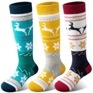 cimkiz kids ski socks (2 pairs/3 pairs) for boys girls thick warm for winter snow skiing snowboard sports (3 packs (yellow + wine red + green), s)