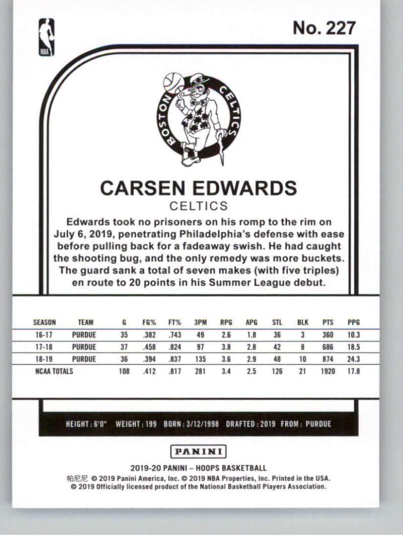 2019-20 Panini Hoops #227 Carsen Edwards Boston Celtics RC Rookie NBA Basketball Trading Card