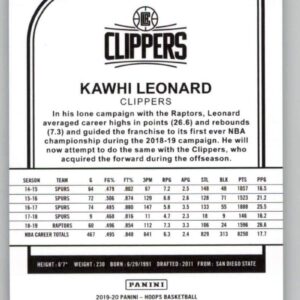 2019-20 Panini Hoops #177 Kawhi Leonard Los Angeles Clippers NBA Basketball Trading Card