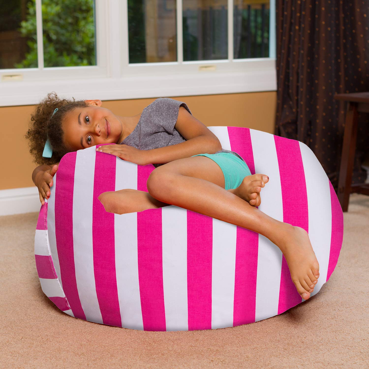 Posh Creations Bean Bag Chair for Kids, Teens, and Adults Includes Removable and Machine Washable Cover, 38in - Large, Canvas Stripes Pink and White