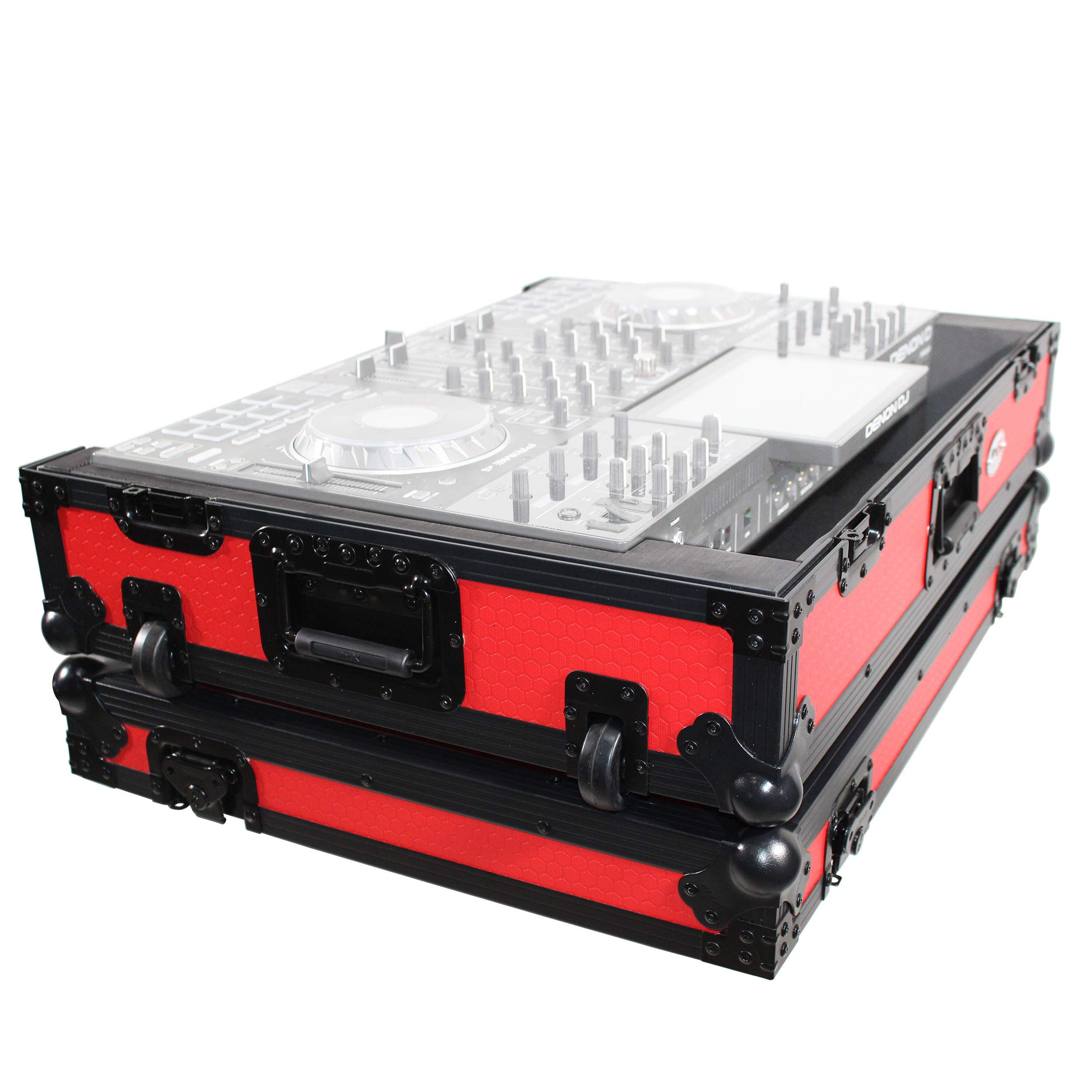 ProX XS-PRIME4 WRB ATA Flight Case For Denon PRIME 4 DJ Controller with 1U Rack Space and Wheels - Red Black