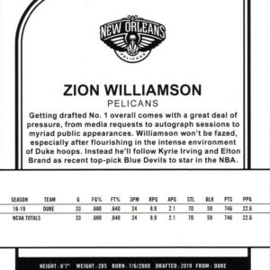 2019-20 Panini NBA Hoops Basketball #258 Zion Williamson Rookie Card Pelicans