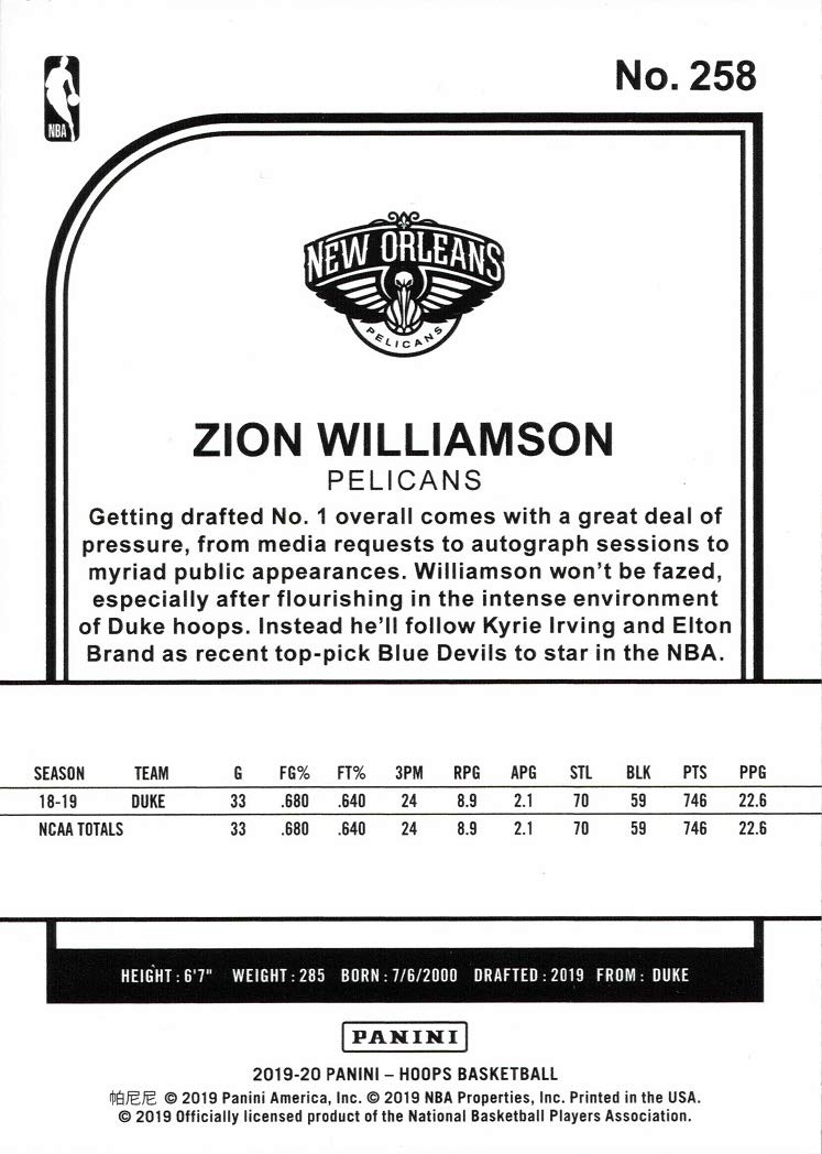 2019-20 Panini NBA Hoops Basketball #258 Zion Williamson Rookie Card Pelicans