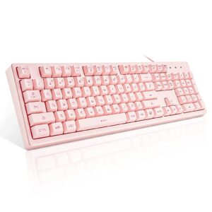 basaltech pink keyboard with 7-color led backlit, 104 keys quiet silent light up keyboard, 19-key anti-ghosting cheap gaming keyboard mechanical feeling waterproof wired usb for computer, mac, laptop