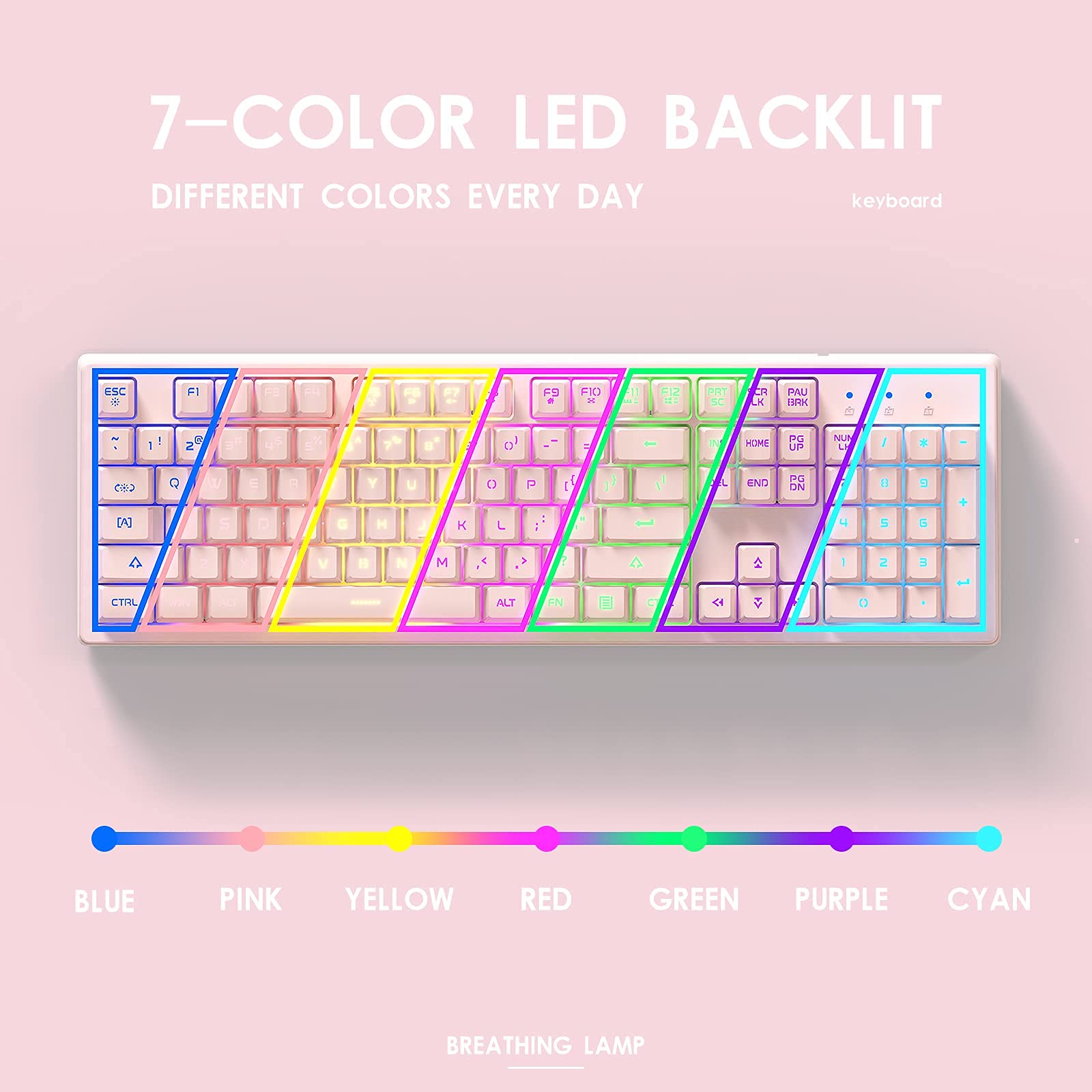 Basaltech Pink Keyboard with 7-Color LED Backlit, 104 Keys Quiet Silent Light Up Keyboard, 19-Key Anti-Ghosting Cheap Gaming Keyboard Mechanical Feeling Waterproof Wired USB for Computer, Mac, Laptop