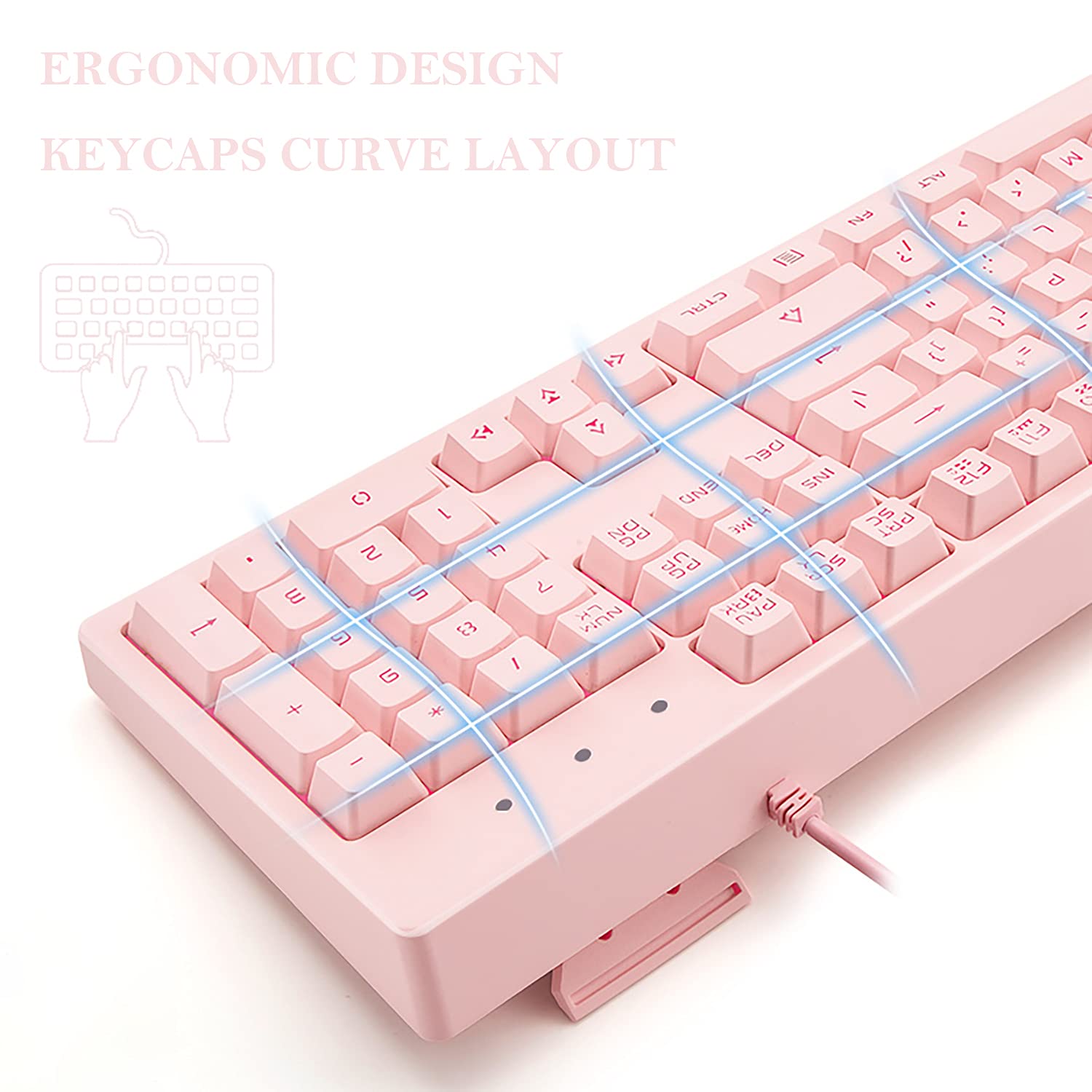 Basaltech Pink Keyboard with 7-Color LED Backlit, 104 Keys Quiet Silent Light Up Keyboard, 19-Key Anti-Ghosting Cheap Gaming Keyboard Mechanical Feeling Waterproof Wired USB for Computer, Mac, Laptop