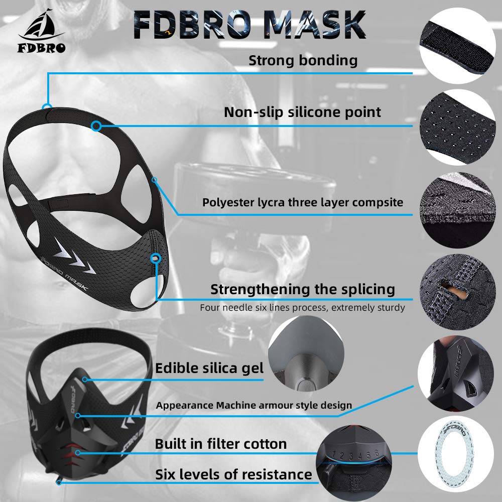 FDBRO Sports Mask 12 Breathing Levels Pro Workout Mask for Fitness,Running,Resistance,Cardio,Endurance Mask for Fitness Sport Mask (Black, M)