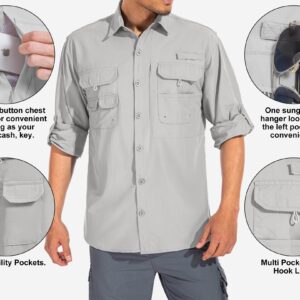 linlon Mens Safari Shirts Long Sleeve UV Protection Hiking Fishing UPF 50+ Quick Dry Cooling Camping Travel Shirts#5066-Light Grey-2XL