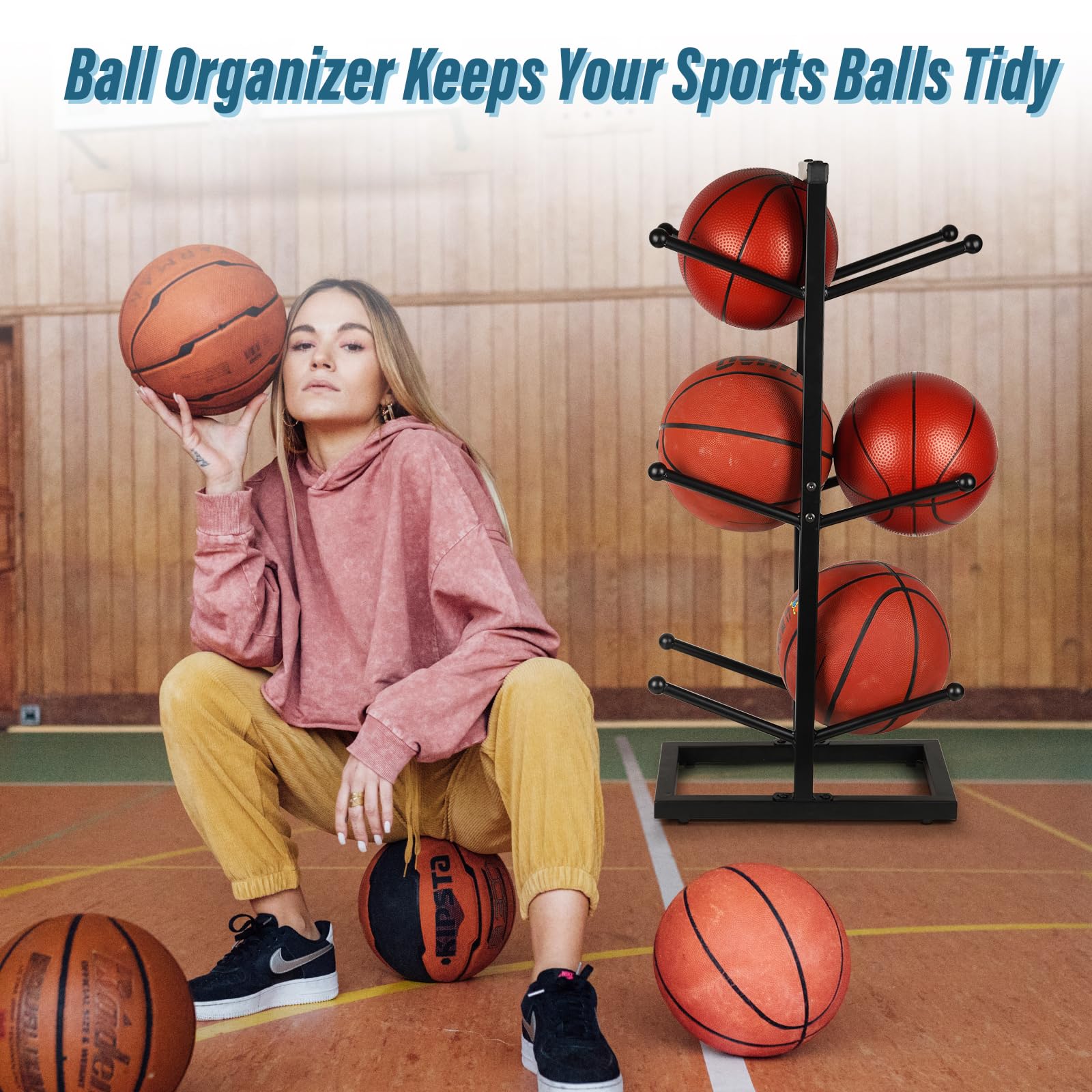 Fitlyiee 3 Layer Double-Sided Basketball Organizer Waterproof Iron Ball Storage Rack Sports Equipment Storage (Black)