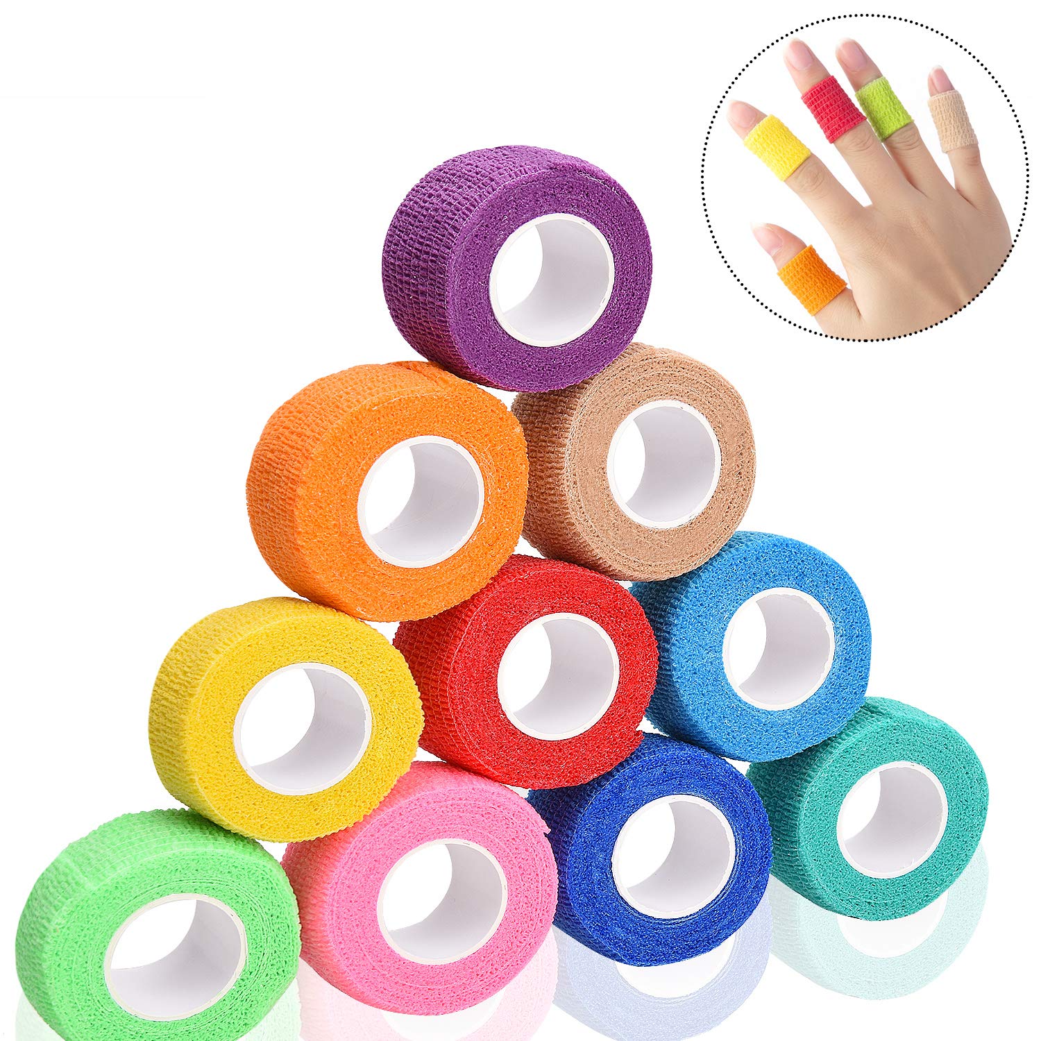 Noverlife 12 Colors Non-wonven Self Adhesive Bandage Wrap for Finger Guard Nail Protector, 2.5cm x 4.5m / 1" x 5yd Waterproof Cohesive Elastic Tape Sports Fixing Band Stretch Wrap