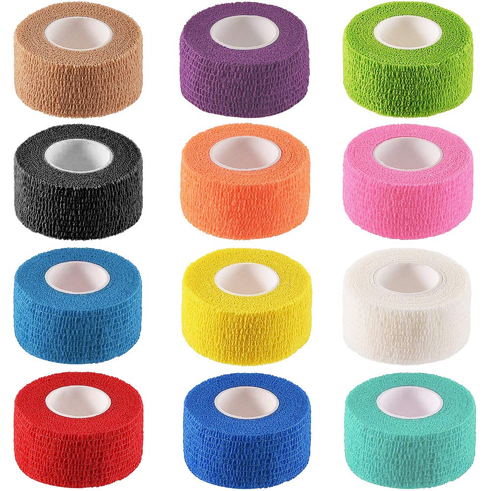 Noverlife 12 Colors Non-wonven Self Adhesive Bandage Wrap for Finger Guard Nail Protector, 2.5cm x 4.5m / 1" x 5yd Waterproof Cohesive Elastic Tape Sports Fixing Band Stretch Wrap