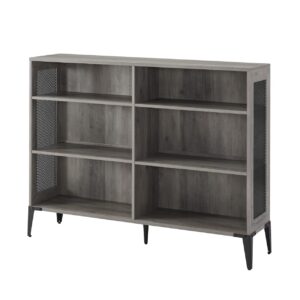 walker edison 2 tier industrial wood and metal mesh bookcase bookshelf storage home office storage cabinet, 52 inch, grey wash