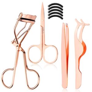 arroyner 4pcs eyelash curlers with comb, rose gold beauty eyelashes curlers with built in comb, lash curler makeup tool for women and girls