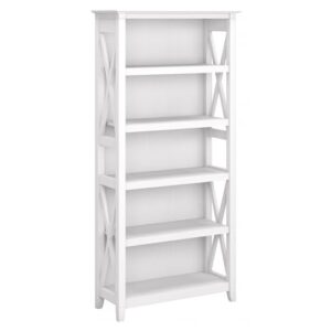 bush furniture key west bookcase shelf open bookcase in pure white oak farmhouse display cabinet for library, bedroom, living room, office tall accent cabinet