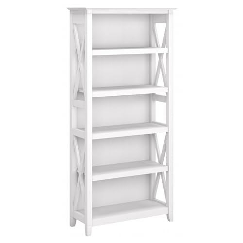 Bush Furniture Key West Bookcase Shelf Open Bookcase in Pure White Oak Farmhouse Display Cabinet for Library, Bedroom, Living Room, Office Tall Accent Cabinet