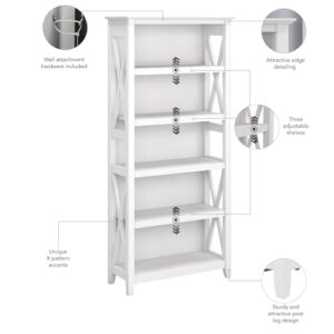 Bush Furniture Key West Bookcase Shelf Open Bookcase in Pure White Oak Farmhouse Display Cabinet for Library, Bedroom, Living Room, Office Tall Accent Cabinet