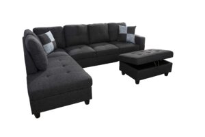 aycp fine furniture sectional sofa couch,l-shaped modern style w/storage ottoman 3-piece for living room|linen upholstery|(2) toss pillows(left hand facing, black)