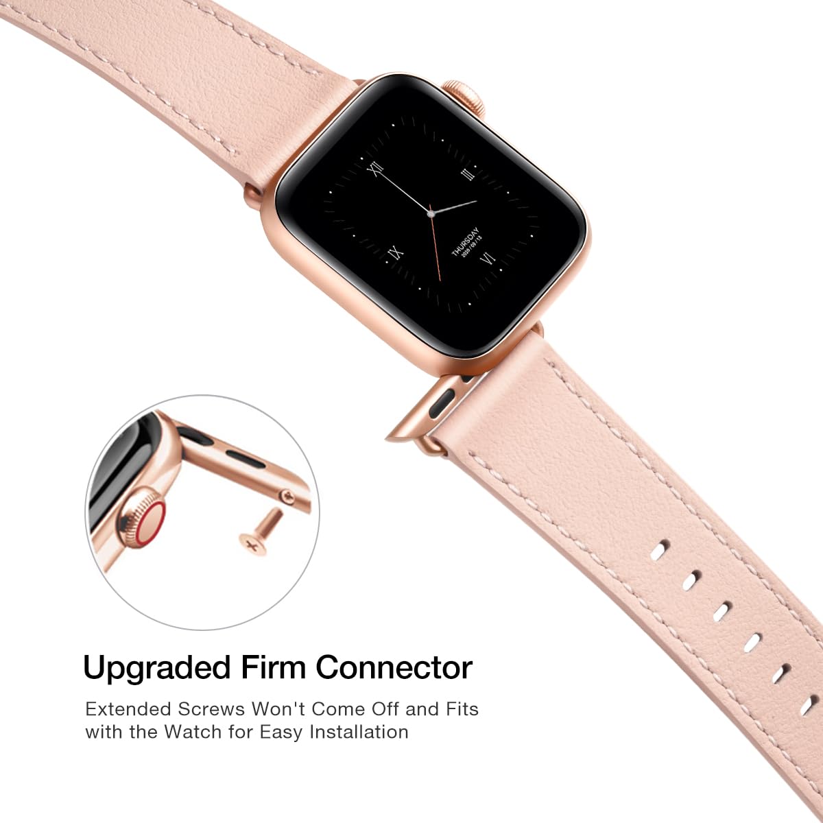 POWER PRIMACY Leather Bands Compatible with Apple Watch Band 38mm 40mm 41mm 42mm 44mm 45mm 49mm, Genuine Leather Strap Compatible for Women Men iWatch SE Ultra Series 9 8 7 6 5 4 (Pale pink/Rosegold)