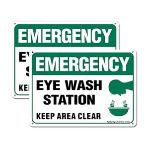 (2 pack) emergency sign, eye wash station sign, keep area clear sign, 10 x 7 inches .40 rust free aluminum, uv protected, weather resistant, waterproof, durable ink，easy to mount