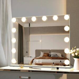 beautme large vanity mirror with lights,hollywood lighted makeup cosmetic mirror with smart button,tabletop or wall mounted makeup mirrors white